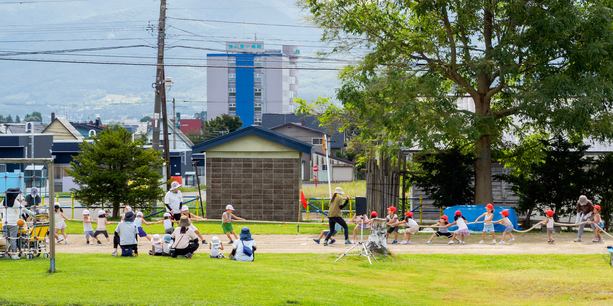園庭で運動会の綱引きの練習をするこどもたち